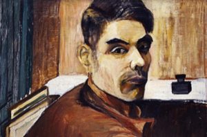 painting of man with dark hair, from the shoulders up, looking sideways at viewer, colors are earth tones - browns, black and dark blue