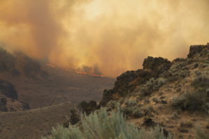 two hillsides meet with dark orange smoke in between, green sagebrush in the foreground